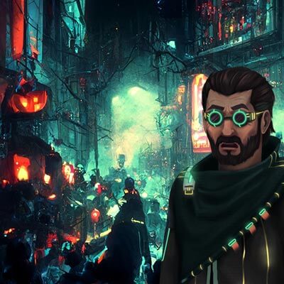 Spade in spooky season realm with misty atmosphere and pumpkins