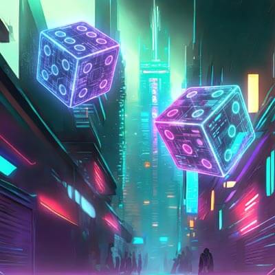 Futuristic neon cityscape with glowing floating dice, symbolizing online gambling, casino games, luck, and digital betting technology