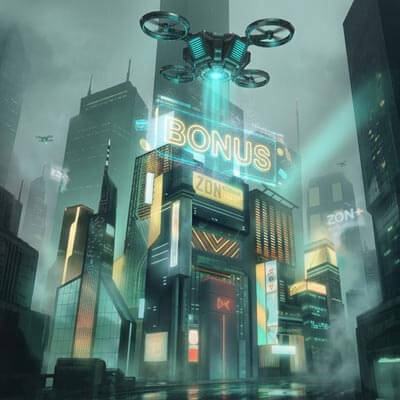 Futuristic city with a drone and glowing casino bonus signs