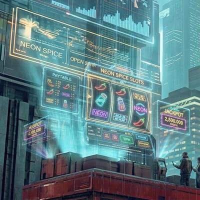 Neon-themed slot machines in a futuristic city.