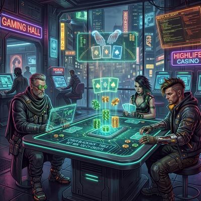 Cyberpunk Decode Casino hall with three players counting cards and poker chips at a futuristic gaming table, surrounded by neon lights, digital screens, and glowing casino signs.